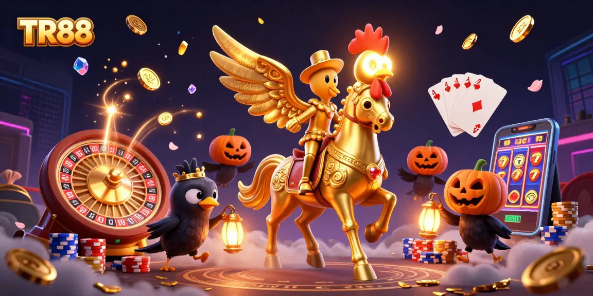 Experience TR88's thrilling casino world with vibrant characters and golden winnings in an enchanting scene.