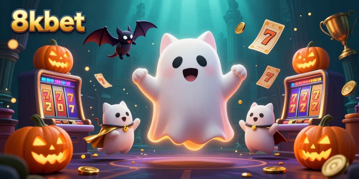 Win big at 8xbet with our engaging ghost cat in a haunted casino illustration.