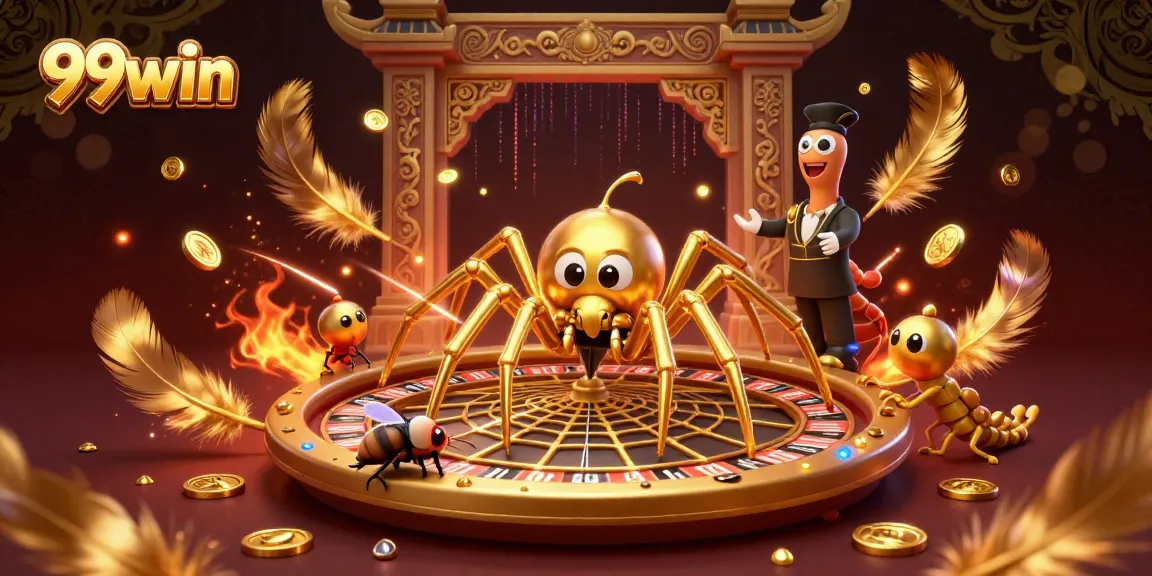 Engage with the dynamic 99win casino scene featuring a golden spider, betting fly, and centipede croupier.