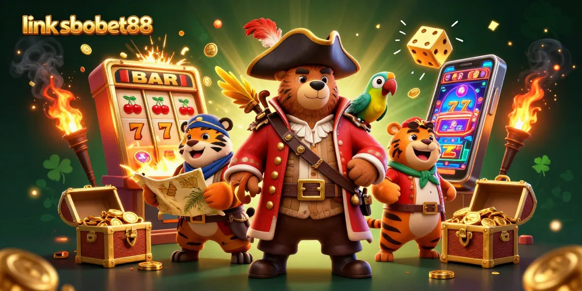 Join the excitement with link sbobet88, featuring a pirate bear and friends celebrating a jackpot win in a vibrant casino scene.