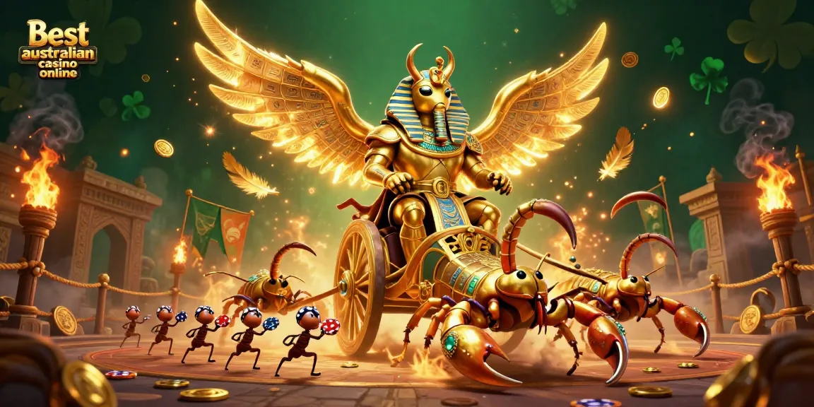 Engage with the best australian casino online through a lively scene of a colossal golden scarab and scorpions amidst vibrant casino elements.