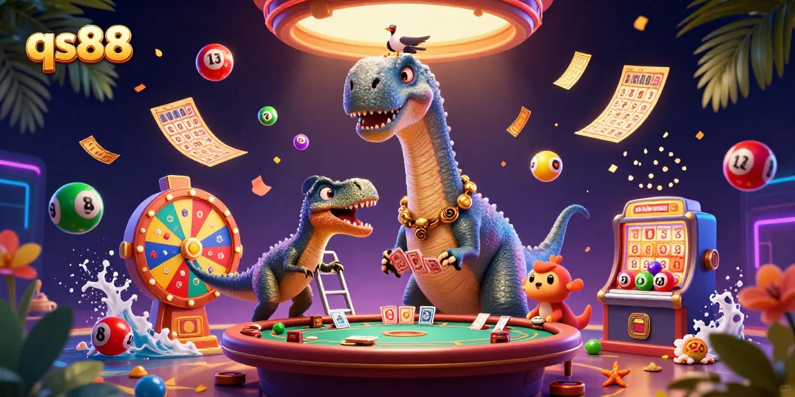Engage with qs88's thrilling casino experience featuring a playful cartoon dinosaur dealing cards.
