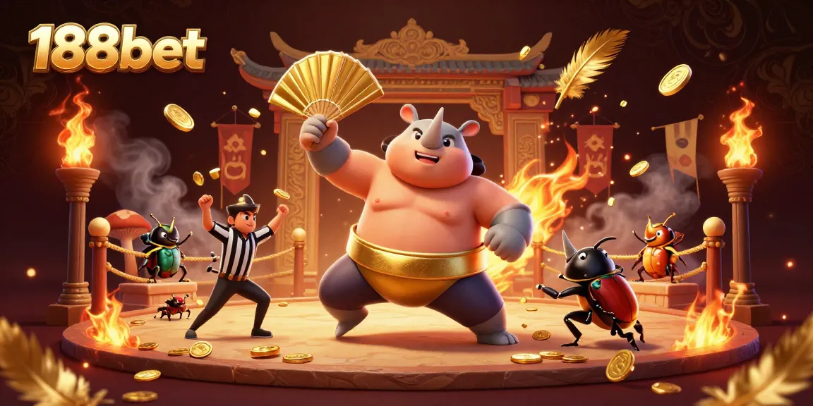 Experience thrilling gameplay at 188bet with a dynamic casino-themed illustration featuring a beetle sumo champion.