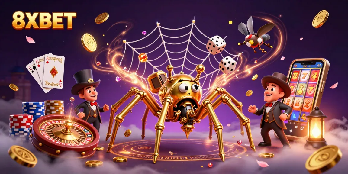 Experience thrilling gameplay with 8XBET's dynamic casino action surrounded by golden coins and vibrant game elements.