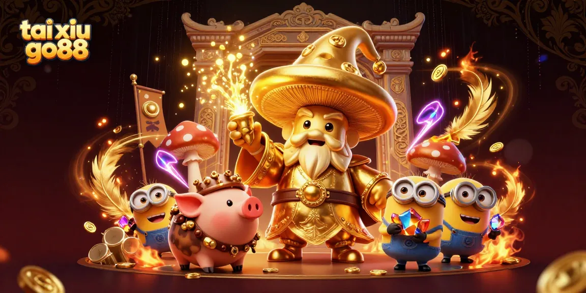 Tai xiu go88 gameplay features a golden mushroom wizard exploring treasure in an exciting gambling arena.
