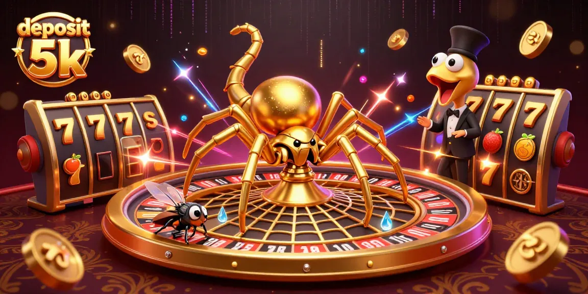 Spin to win with deposit 5k at our vibrant online slot game featuring a golden web and spinning symbols.