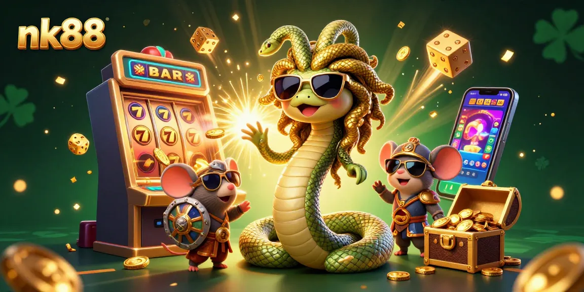 Experience the excitement of nk88 with a vibrant casino scene featuring Medusa and a warrior mouse amidst jackpot symbols.