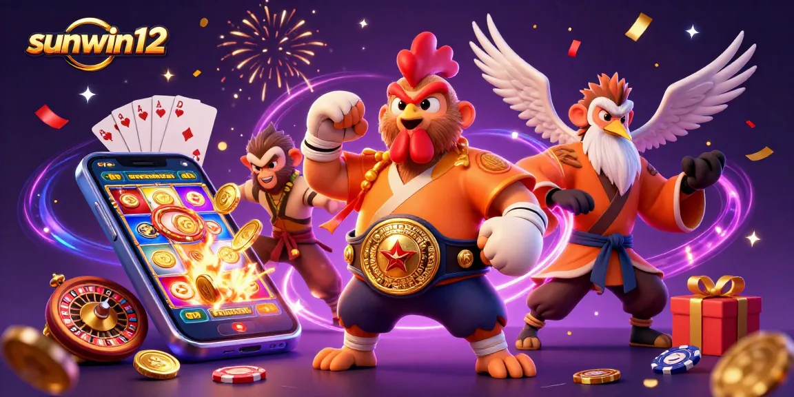 Experience thrilling gameplay with sunwin12, as a fierce rooster and martial artist celebrate casino wins amidst vibrant visuals.