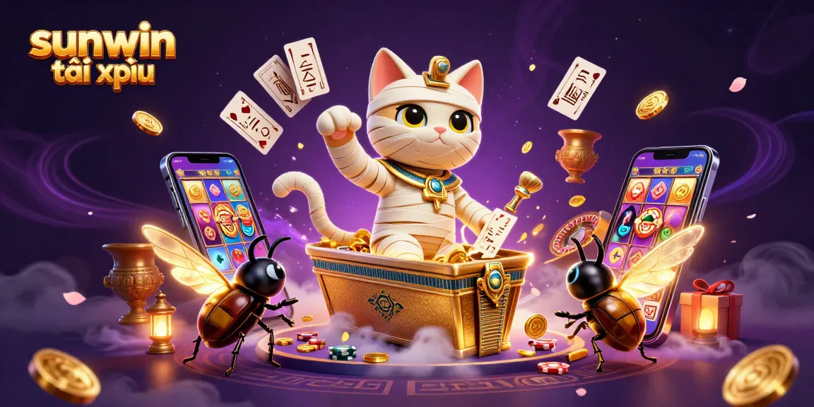 Engaging depiction of sunwin tài xỉu gameplay with a mummy cat and scarab in a vibrant casino atmosphere.