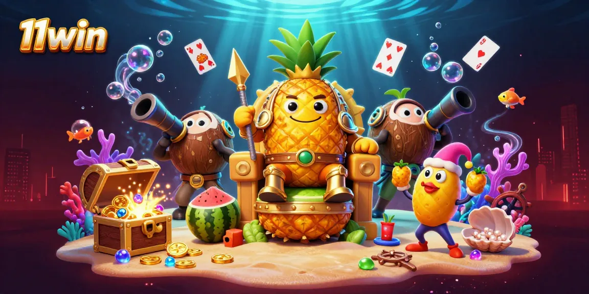 Experience the thrill of 11win featuring a golden pineapple king surrounded by playful casino elements in this vibrant illustration.