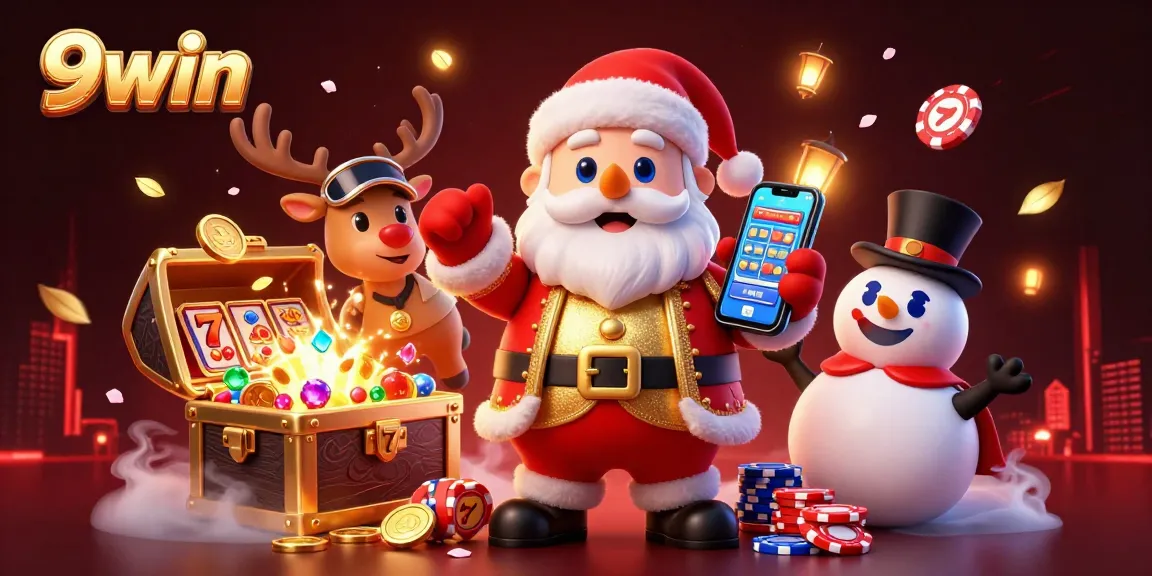 Experience the thrill of 9win with a festive illustration showing Santa, a reindeer, and a snowman in a vibrant casino scene.