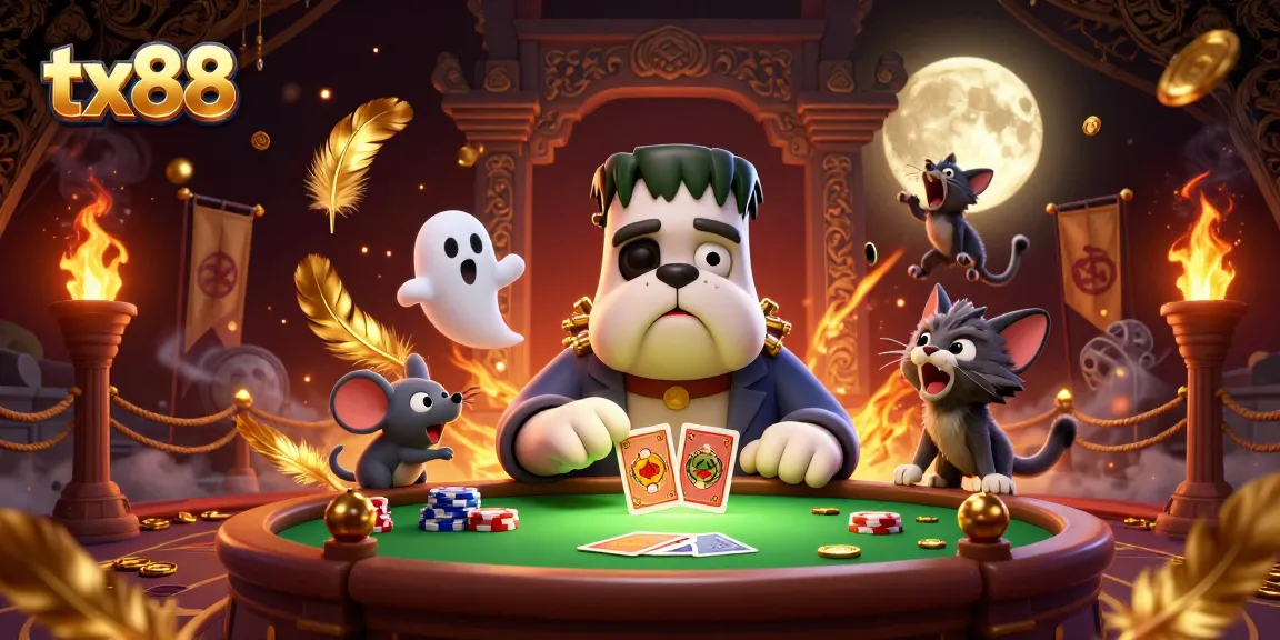 tx88 shows a thrilling casino scene with a Frankenstein bulldog dealing cards and ghostly elements.