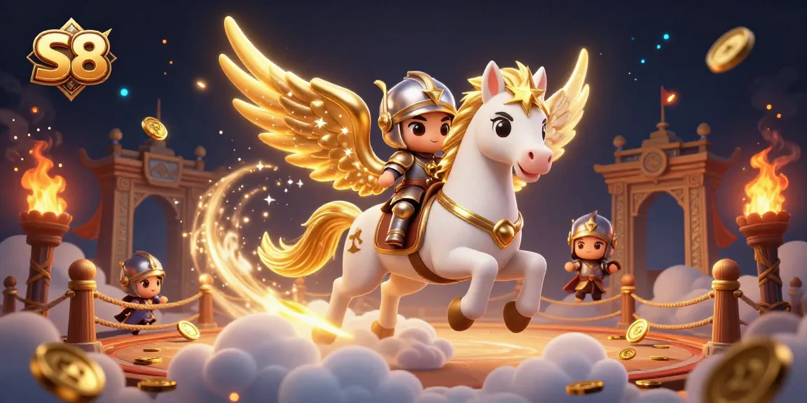 Experience exciting S8 casino action with a galloping celestial horse and knight amidst golden gambling elements.