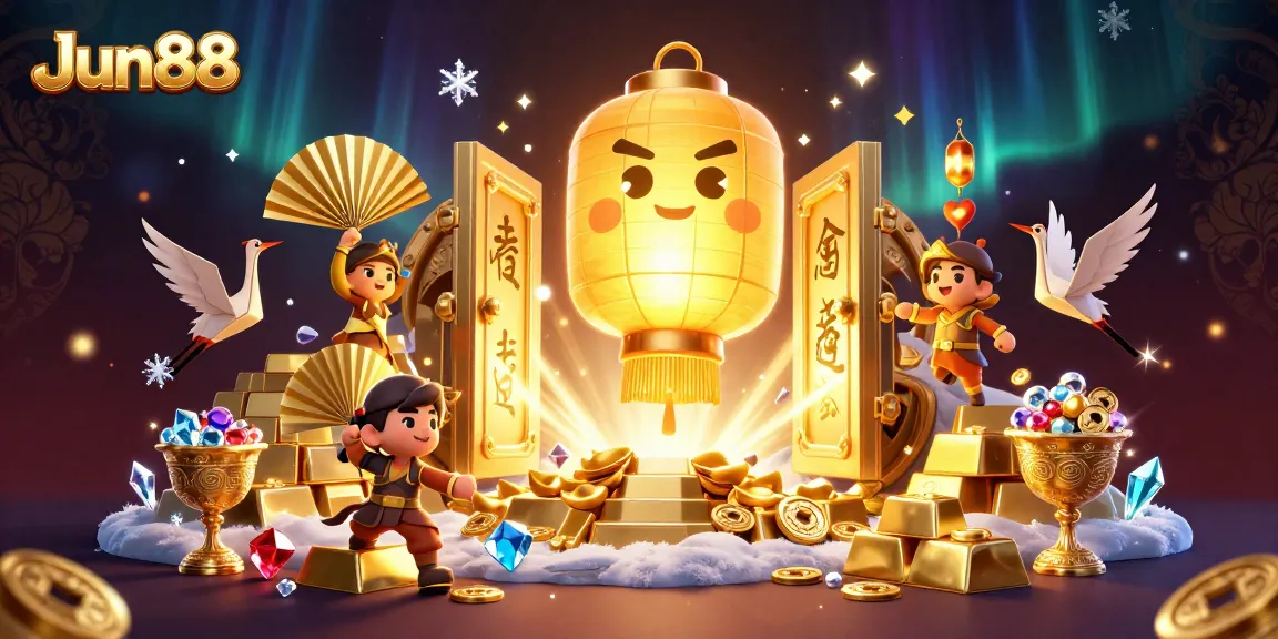 Experience luck in Jun88's vibrant casino scene with glowing characters and treasure treasures.