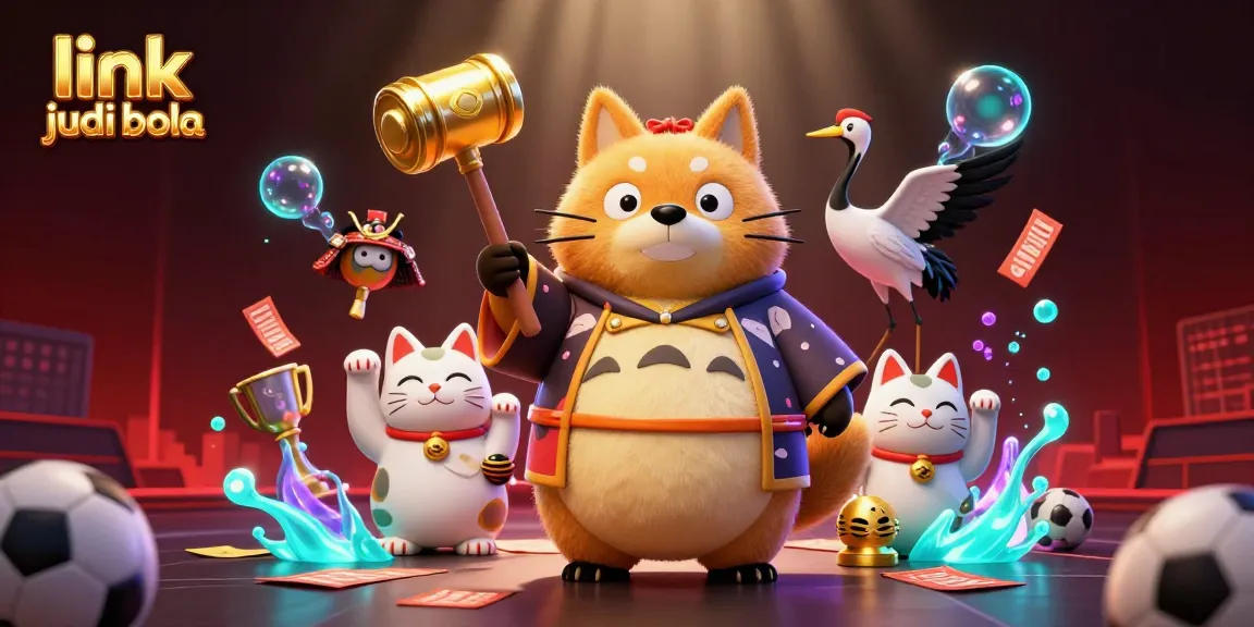 Engage with link judi bola as the cheerful tanuki celebrates winning with colorful sports symbols.