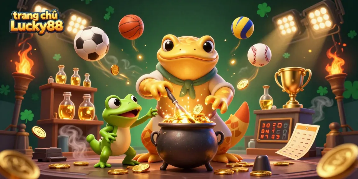 Catch the excitement at trang chủ Lucky88 with our vibrant 3D scene of a golden salamander alchemist and sports elements.