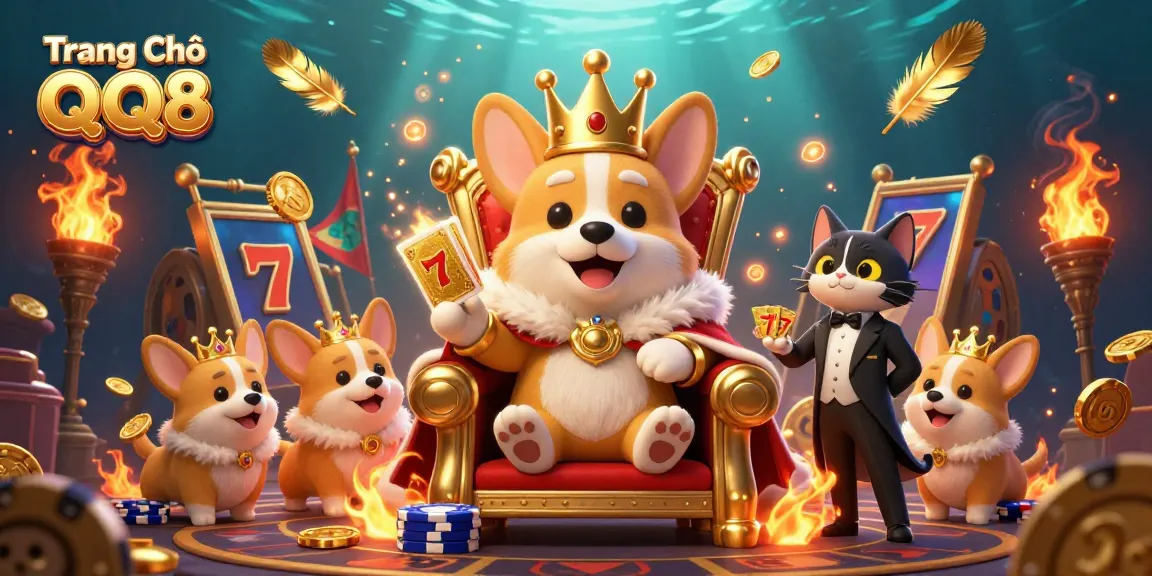 Experience the vibrant scene of Trang Chủ QQ8 with the royal corgi and elements of exciting slot games.