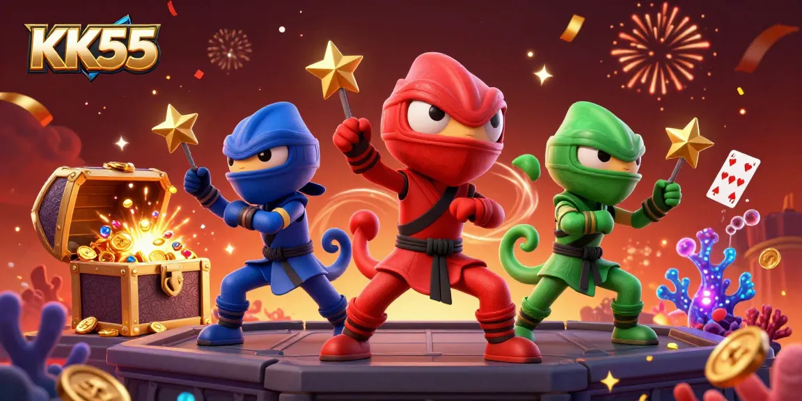 Experience the lively casino action at KK55 with ninja chameleons showcasing synchronized moves amidst vibrant game elements.