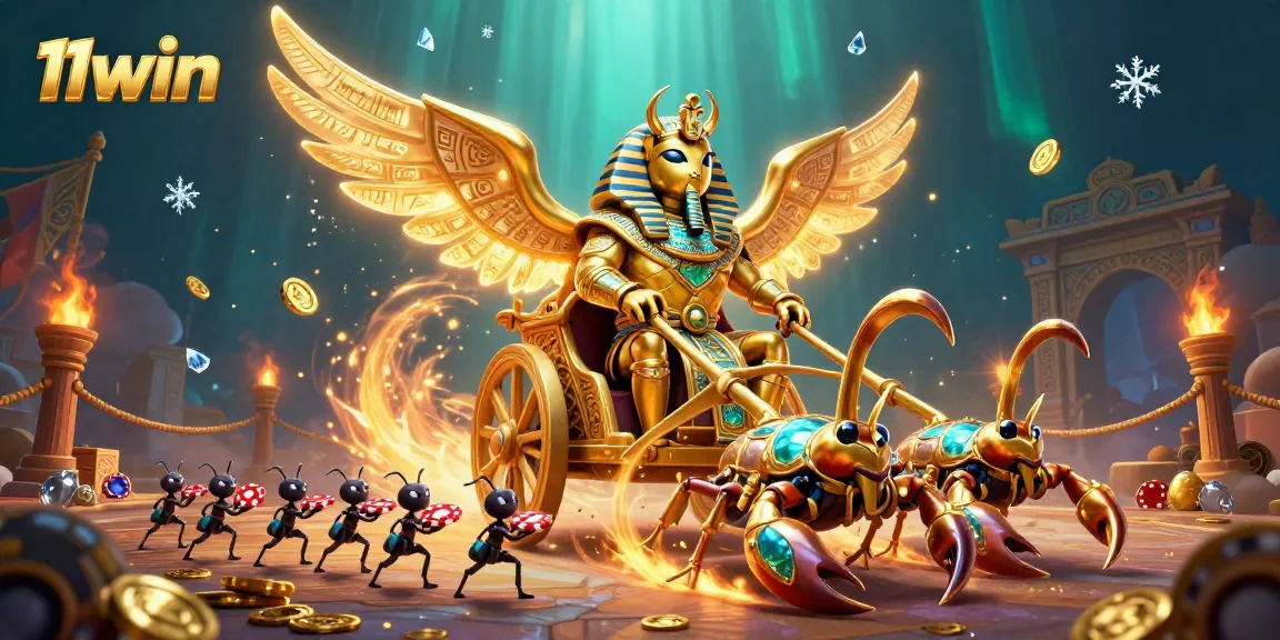 Join the exciting adventure of 11win with golden beetles and scorpions in a vibrant casino scene.