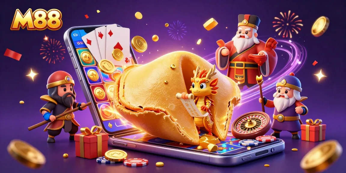 M88 offers an engaging casino experience with a dynamic scene of gaming elements and whimsical characters.