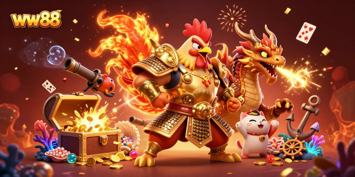 Join the excitement at ww88 with a dynamic illustration of a rooster warrior and dragon in a vibrant casino world.