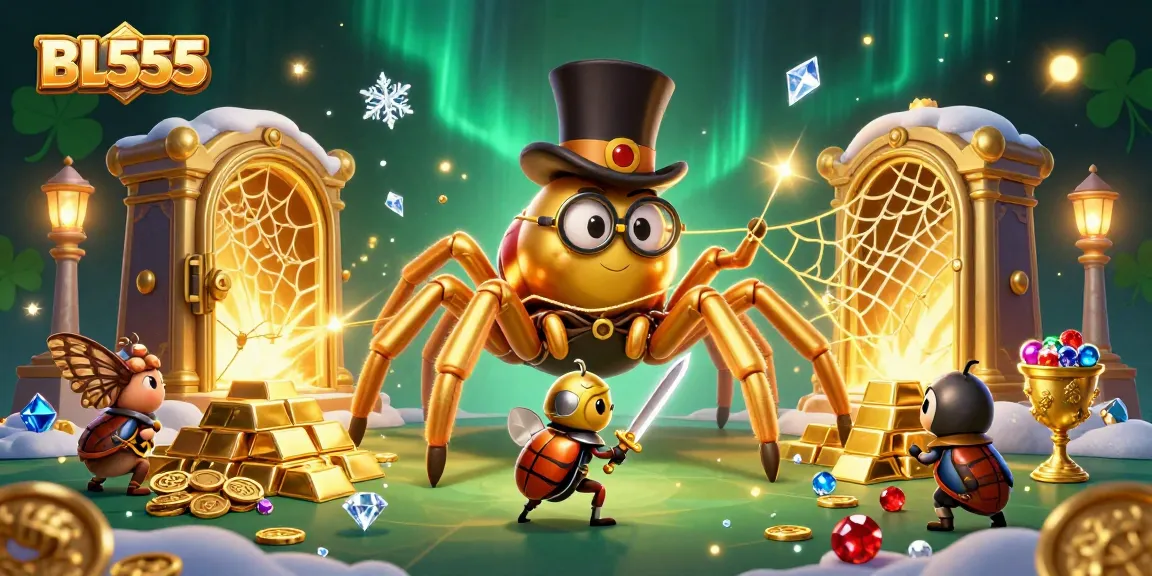 Engage in BL555's thrilling casino adventure with a golden tarantula and knight amidst treasure.