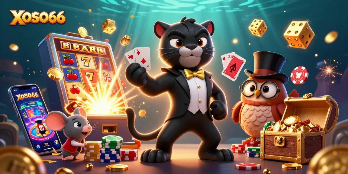 XOSO66 features a stylish black panther dealing cards among a jackpot explosion, symbolizing online casino excitement.