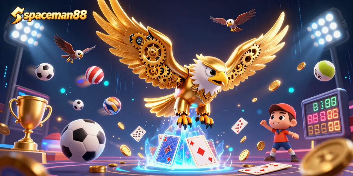 Engage with the electrifying action of spaceman88 featuring a golden eagle amidst holographic cards and vibrant game elements.