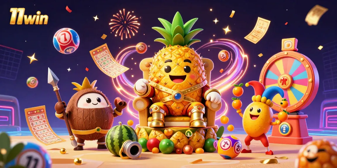 Engage with 11win's colorful lottery theme featuring golden pineapple king and vibrant elements.