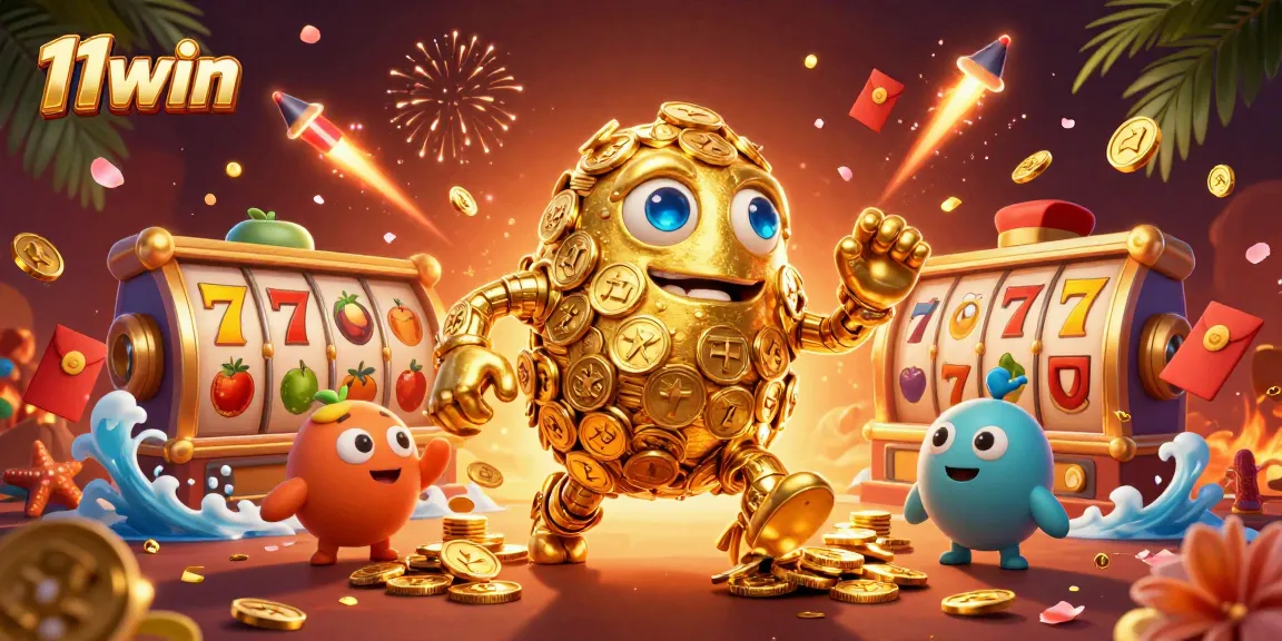 Experience the excitement of 11win with a dynamic 3D casino illustration showcasing vibrant slot elements.