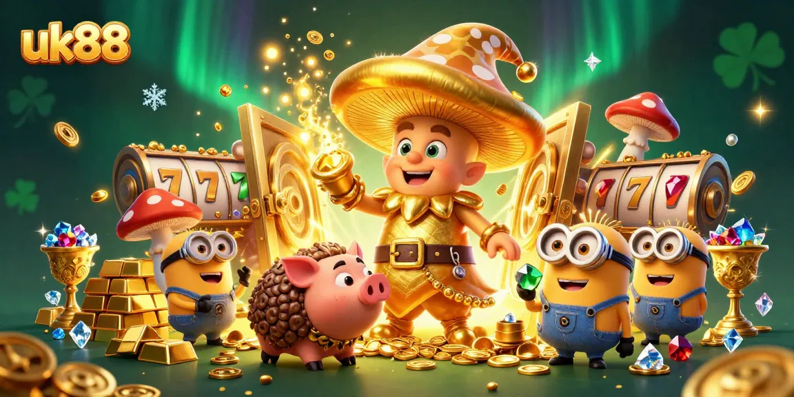 Experience the magic of uk88 with a golden wizard and treasure-filled casino scene.