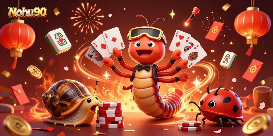 Nohu90 dealer showcases vibrant card tricks amid festive 3D casino atmosphere.