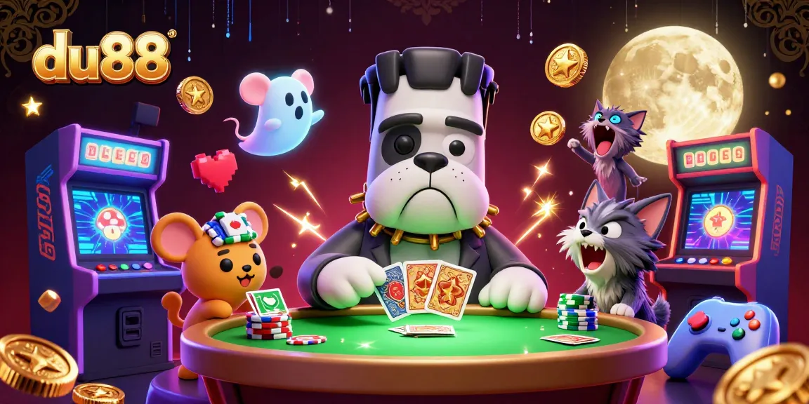 Engage with du88's thrilling card games led by a whimsical Frankenstein bulldog in a spooky casino scene.