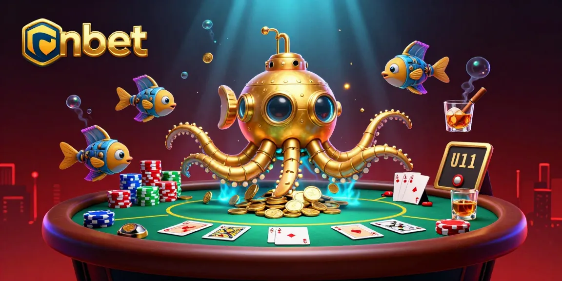 Experience the thrill of nbet poker with a golden kraken submarine and vibrant casino elements.
