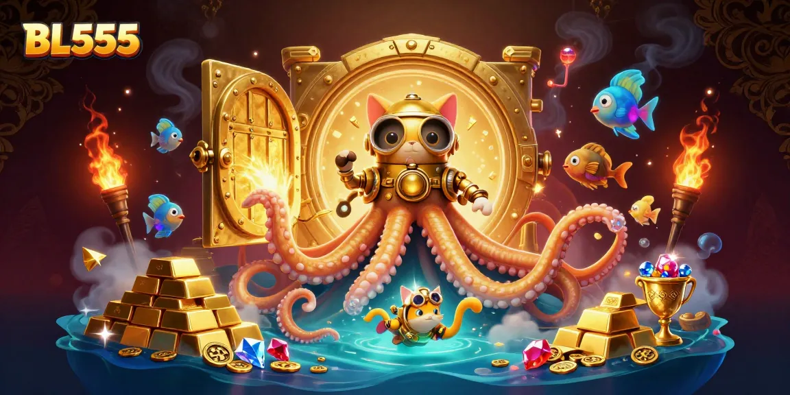 Join the excitement at BL555 with the kraken and diving cat as they showcase treasure and casino adventures.