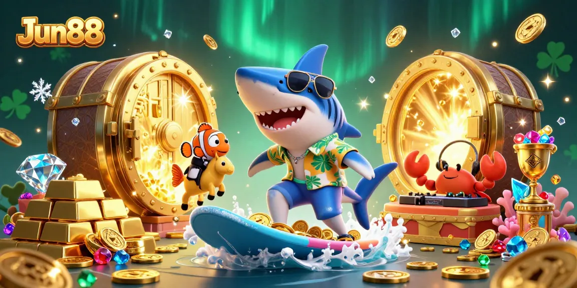Experience thrilling gaming at Jun88 with coin-surfing shark and colorful undersea characters.