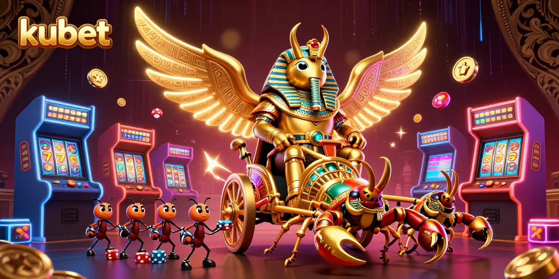 Engage with kubet's dynamic gaming experience featuring a colossal golden scarab and vibrant casino elements.