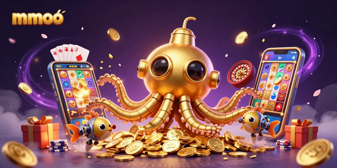 Experience thrilling moments at mmoo with a 3D golden kraken amidst casino games and coins.
