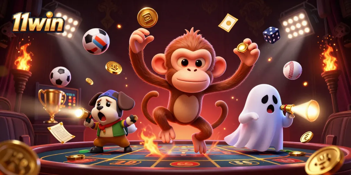 Engage with the thrilling world of 11win as a mischievous monkey juggles golden casino items.