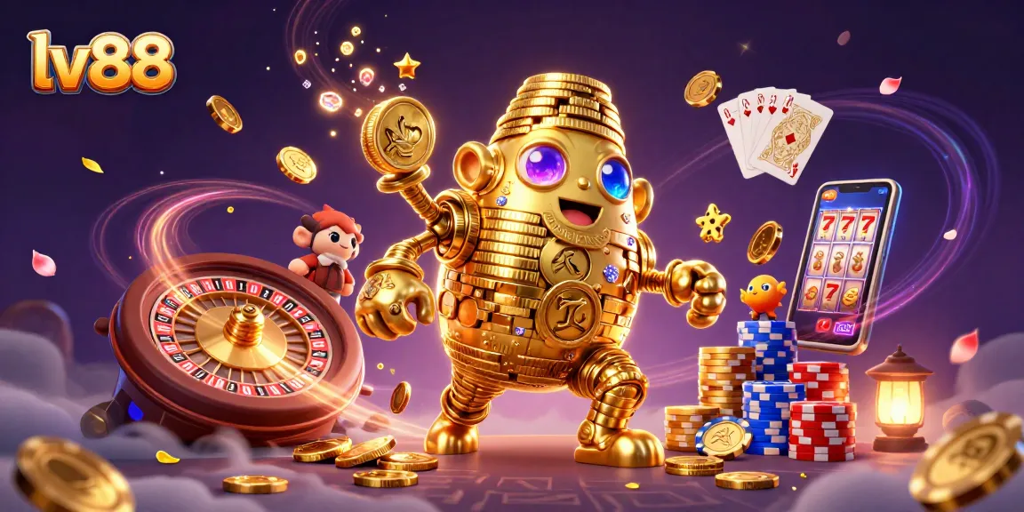Win big at lv88 with an exciting golden golem and casino elements in this rich illustration.