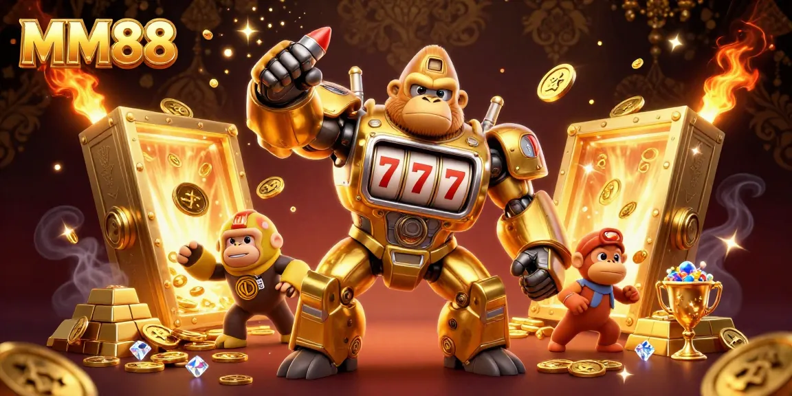Experience the thrill of MM88 with a golden gorilla mech and exploding coins in a lavish casino setting.