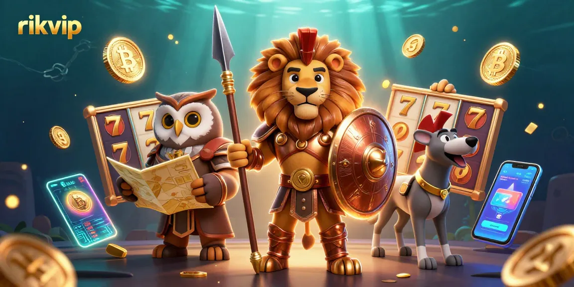 Experience thrilling gaming with rikvip's dynamic casino illustration featuring a Spartan lion and Bitcoin elements.