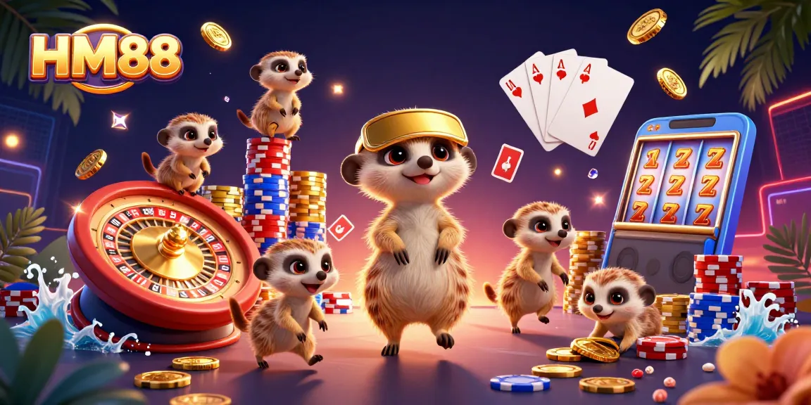 HM88 casino scene featuring meerkats engaging in vibrant gambling activities and winning rewards
