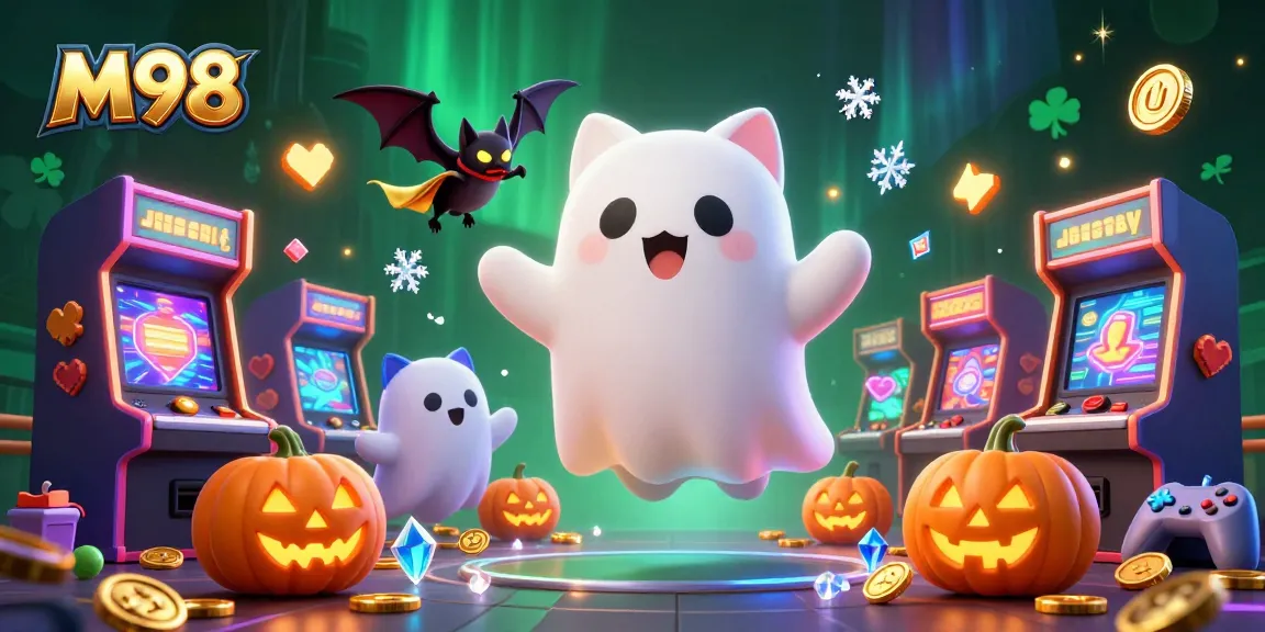 M98 delivers a thrilling casino experience with a ghost cat, vampire bat, and glowing jack-o-lanterns in a haunted arcade scene.
