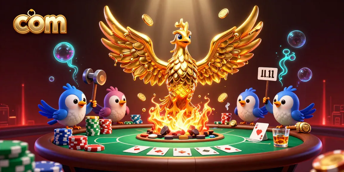 Engage in thrilling poker action at com with a gleaming golden phoenix amidst vibrant casino elements.